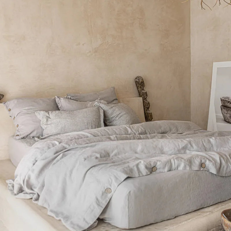 Housse De Couette En Lin Gris Naturel Boutons Bois