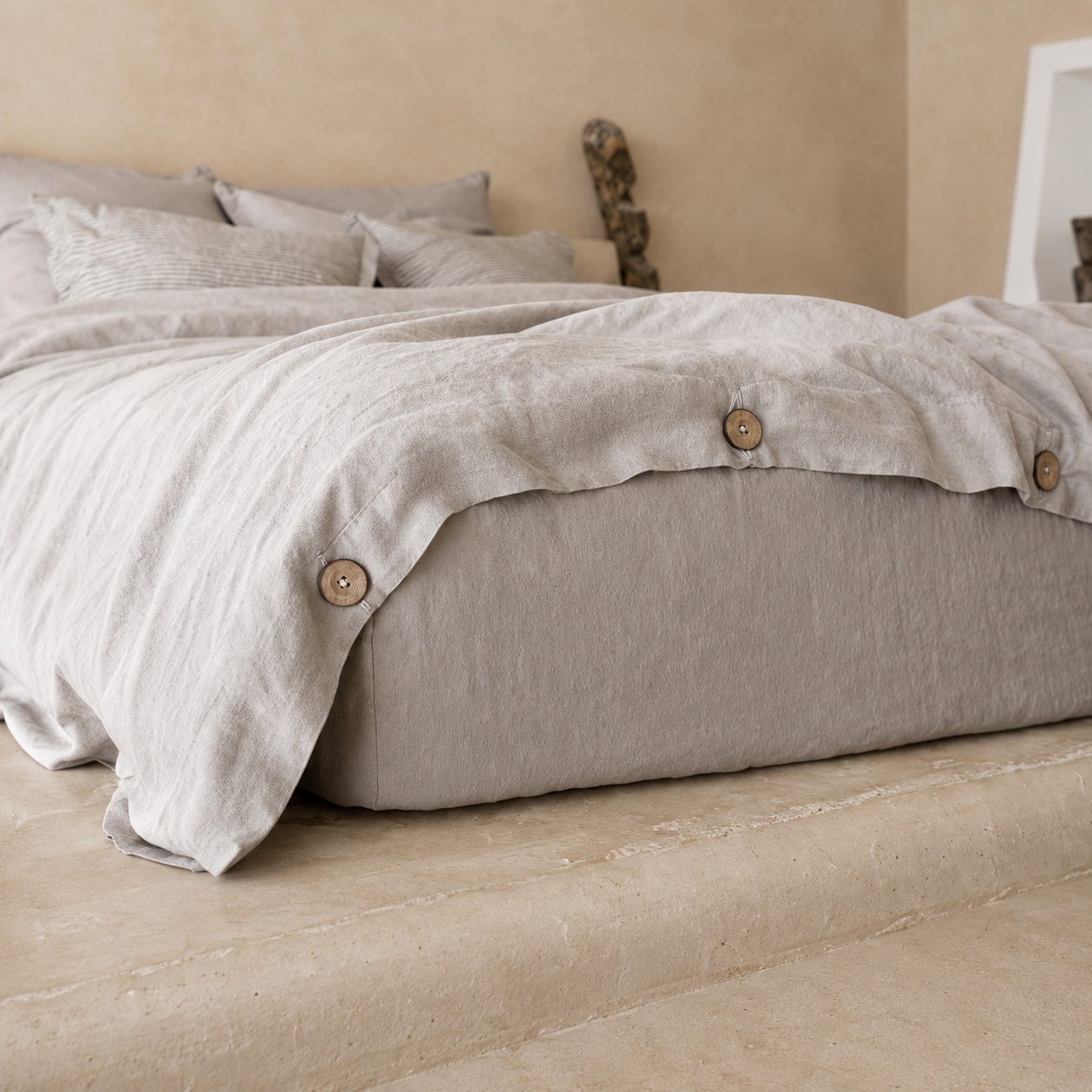 Housse De Couette En Lin Gris Naturel Boutons Bois