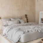 Housse De Couette En Lin Gris Naturel Boutons Bois