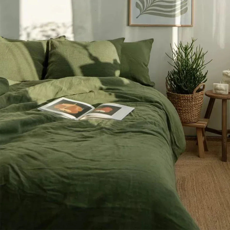 Housse De Couette En Lin Vert Sauge Naturel