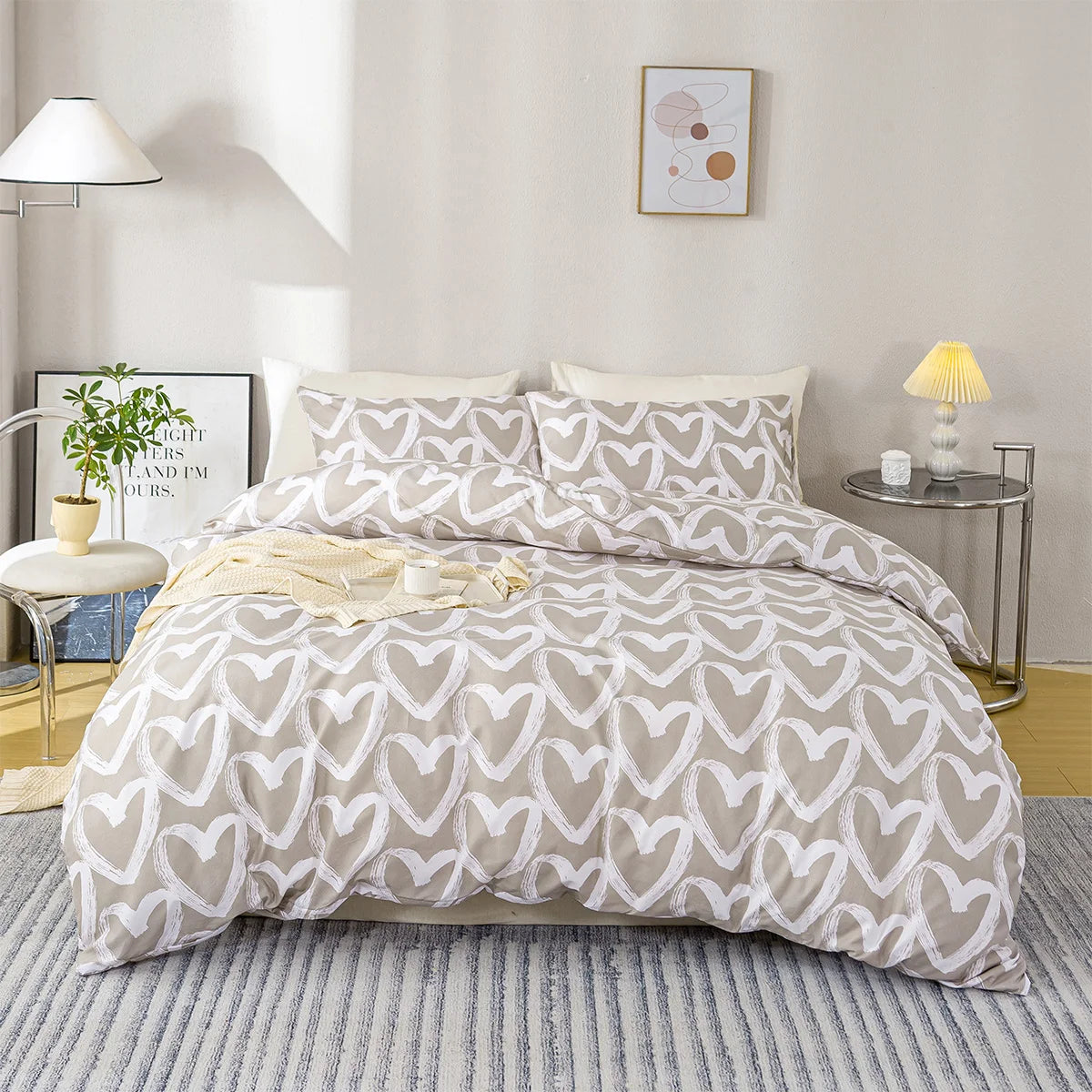 3pcs/set Heart Print Duvet Cover Set - Blue & Gray(1 Duvet Cover & 2 Pillowcase）Soft And Skin-Friendly Duvet Cover Bedding Set
