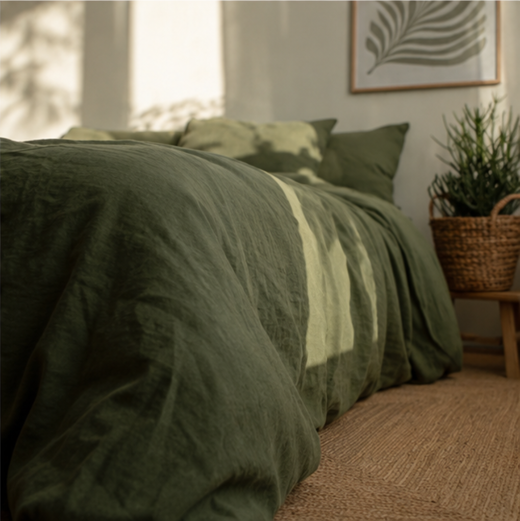 Housse De Couette En Lin Vert Sauge Naturel