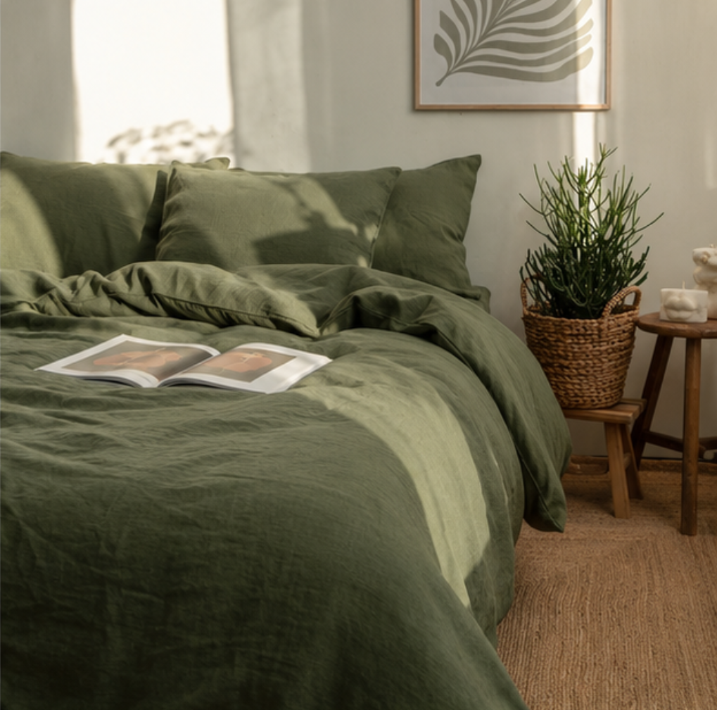 Housse De Couette En Lin Vert Sauge Naturel