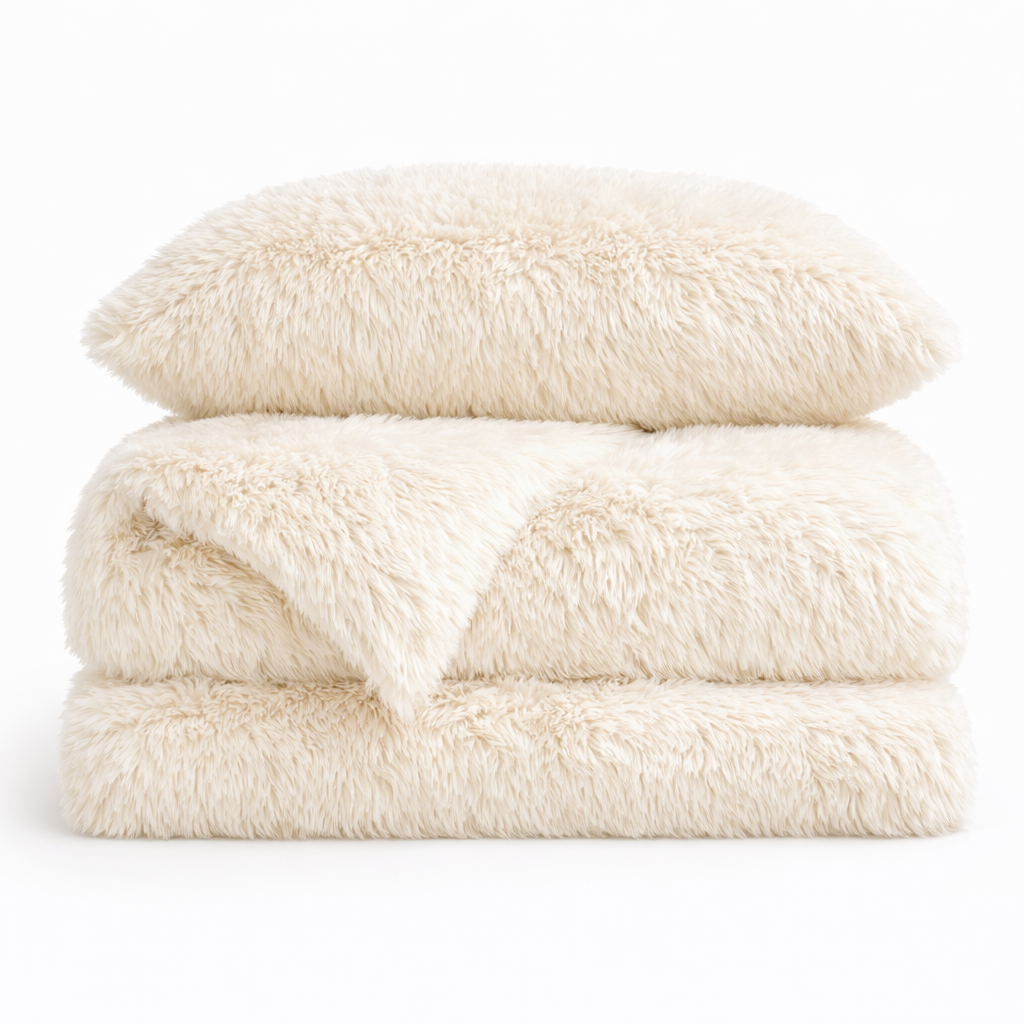 Housse de couette effet fourrure blanc crème à poils longs pliée, avec taie d'oreiller assortie