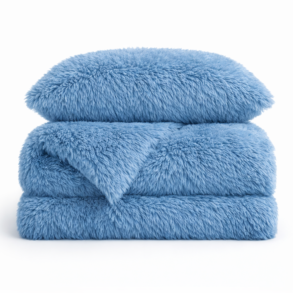 Housse de couette effet fourrure bleu moyen à poils longs pliée, avec taie d'oreiller assortie