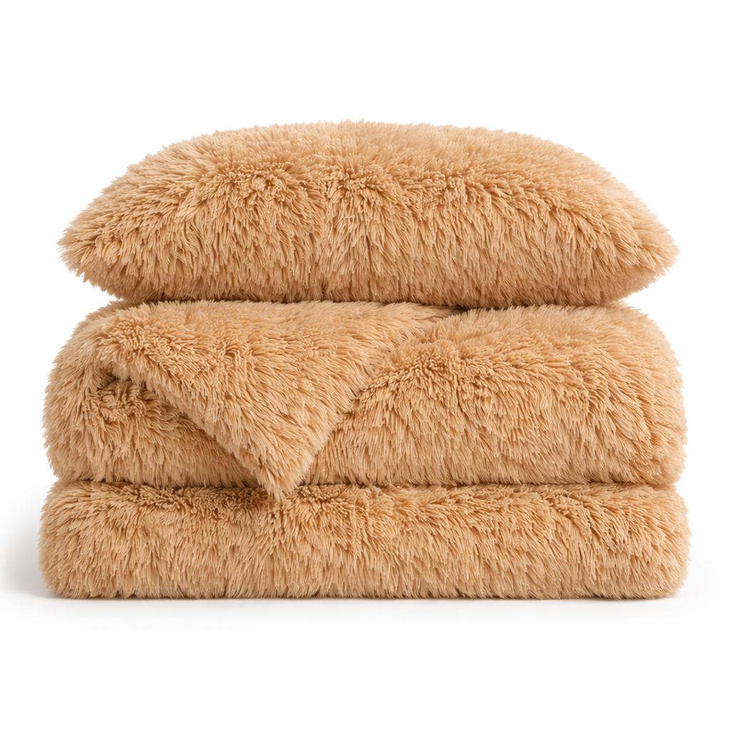 Housse de couette effet fourrure camel à poils longs pliée, avec taie d'oreiller assortie