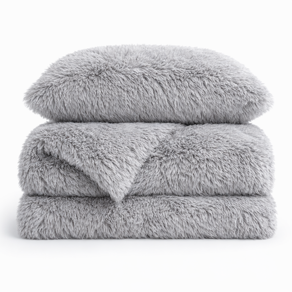 Housse de couette effet fourrure gris clair à poils longs pliée, avec taie d'oreiller assortie