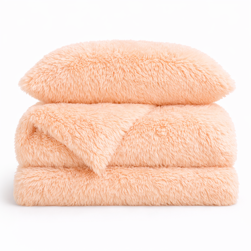 Housse de couette effet fourrure pêche à poils longs pliée, avec taie d'oreiller assortie