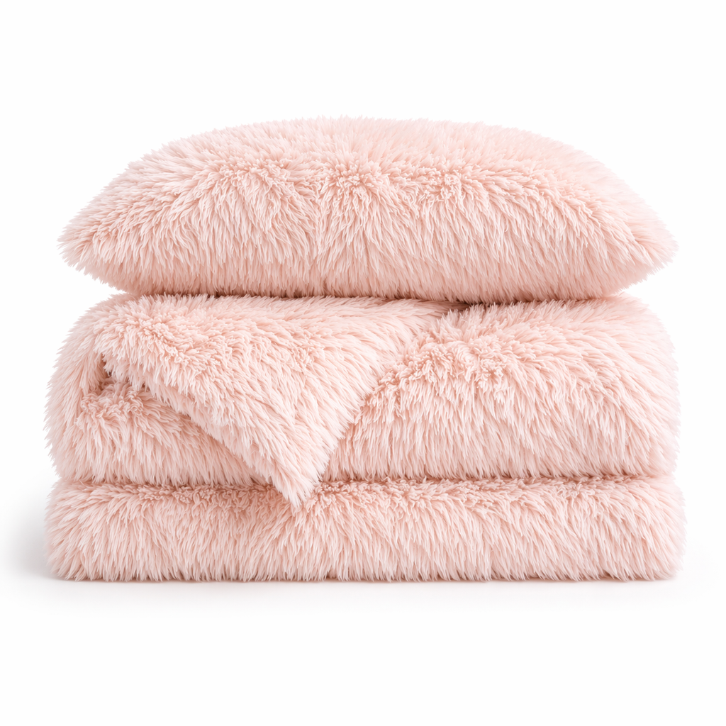 Housse de couette effet fourrure rose pâle à poils longs pliée, avec taie d'oreiller assortie