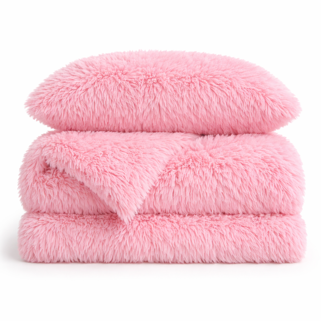 Housse de couette effet fourrure rose à poils longs pliée, avec taie d'oreiller assortie