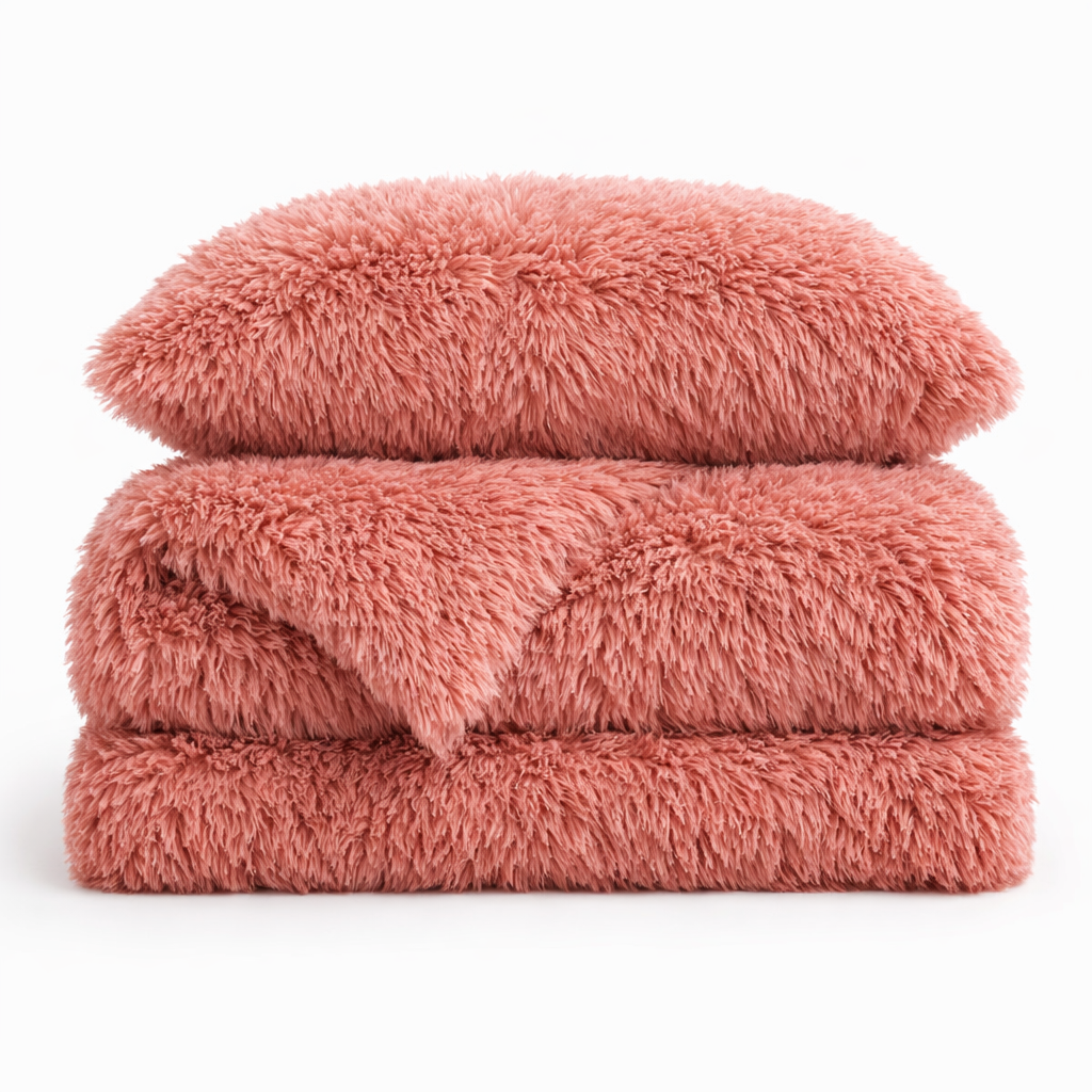 Housse de couette effet fourrure vieux rose à poils longs pliée, avec taie d'oreiller assortie