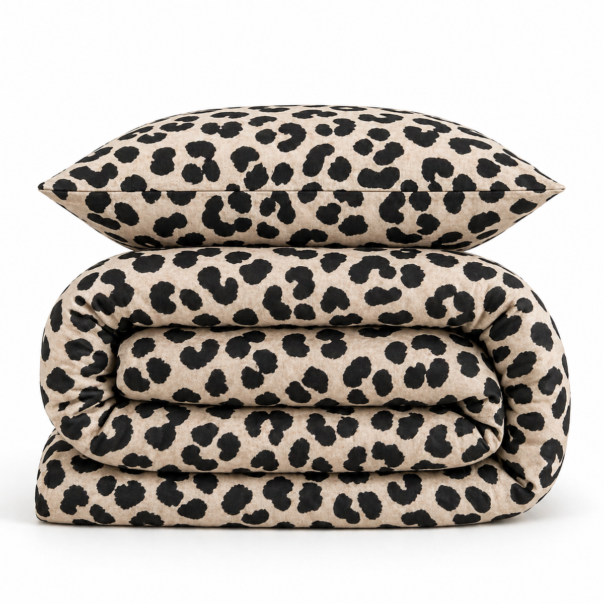 Housse de couette à motif léopard noir sur fond beige pliée, avec taie d'oreiller assortie