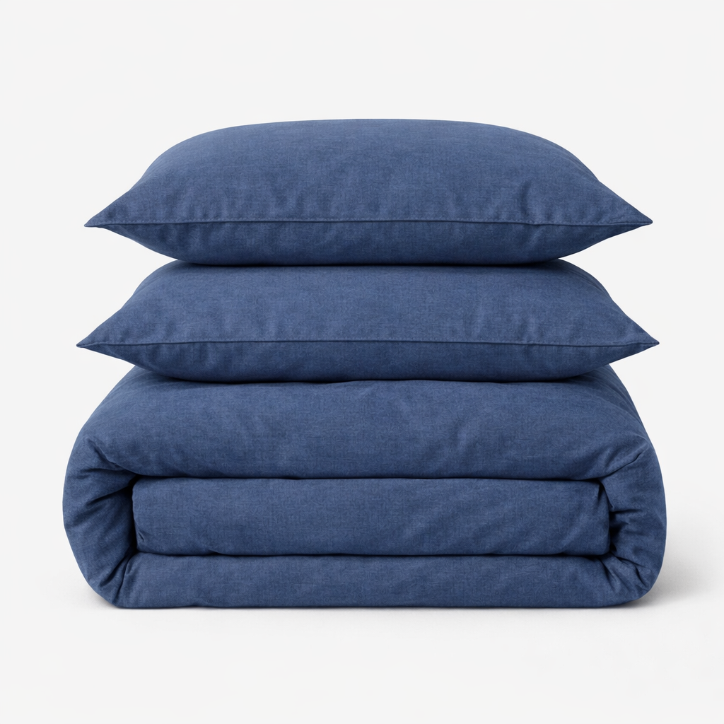 Housse de couette en percale de coton bleu marine pliée avec deux taies d'oreiller assorties