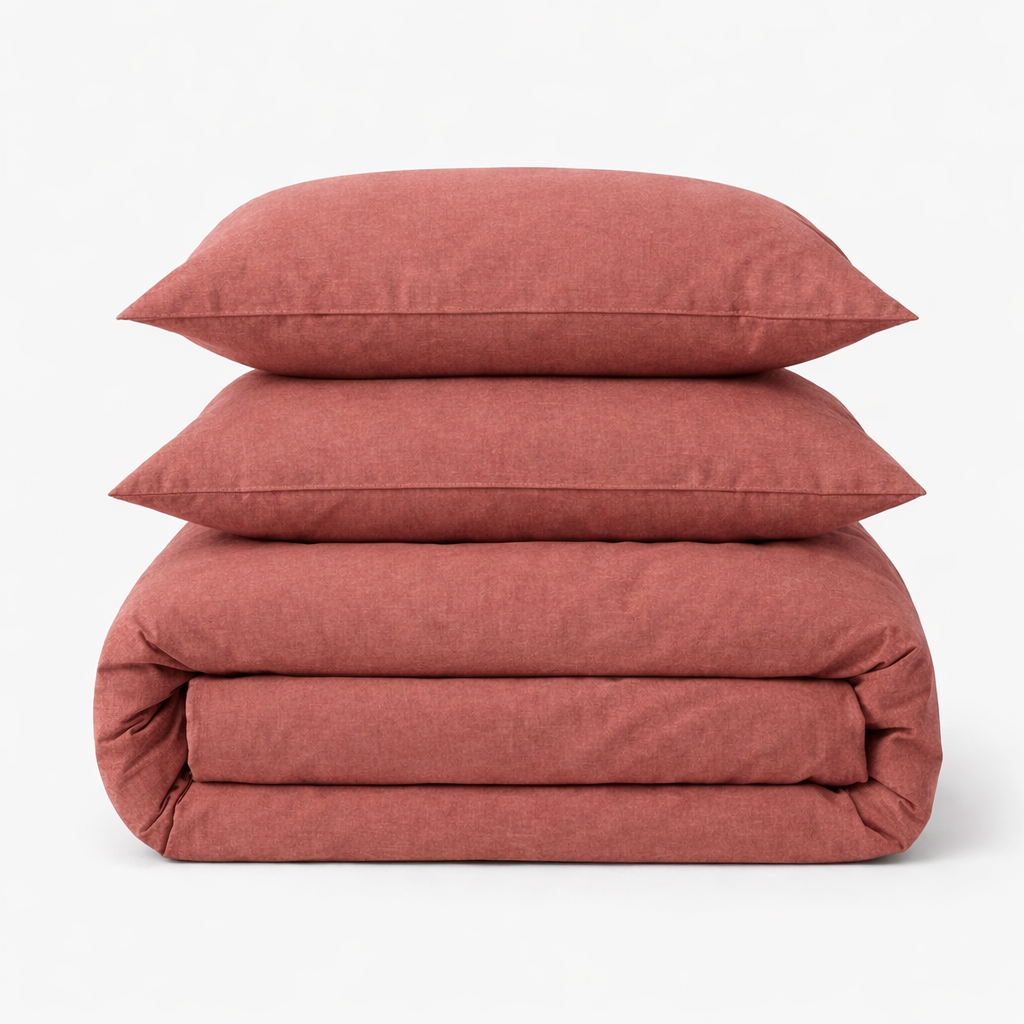 Housse de couette en percale de coton terracotta pliée avec deux taies d'oreiller assorties