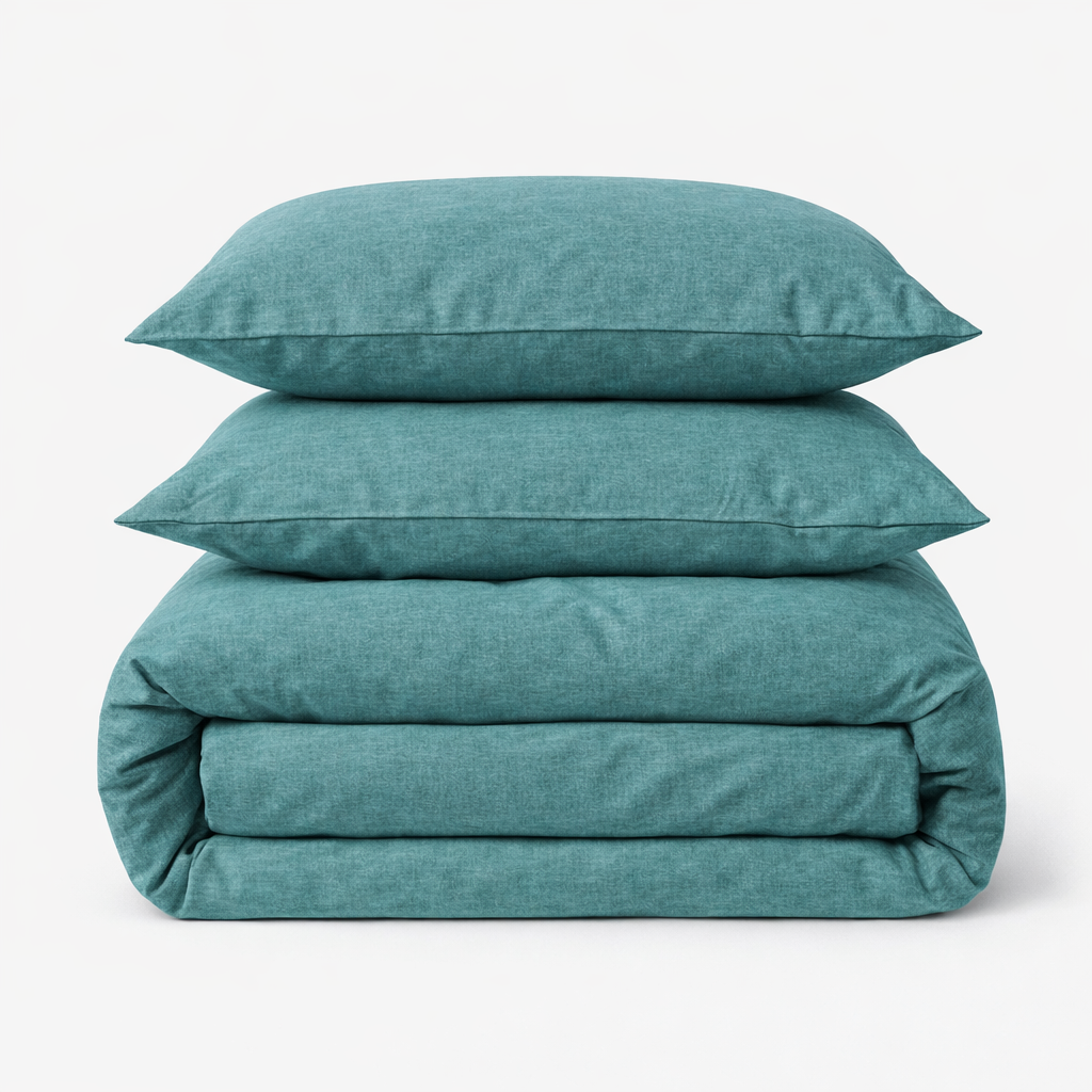 Housse de couette en percale de coton vert canard pliée avec deux taies d'oreiller assorties