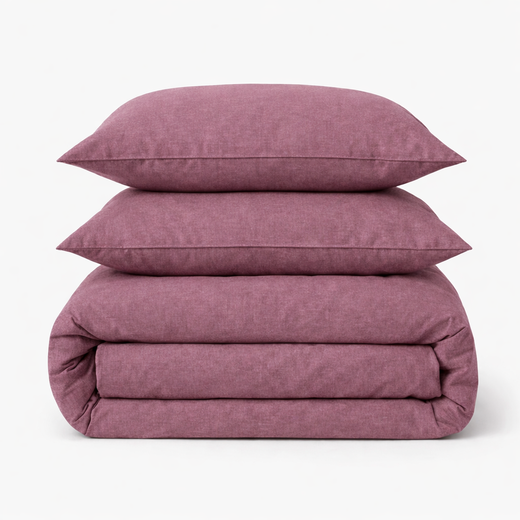 Housse de couette en percale de coton violet raisin pliée avec deux taies d'oreiller assorties