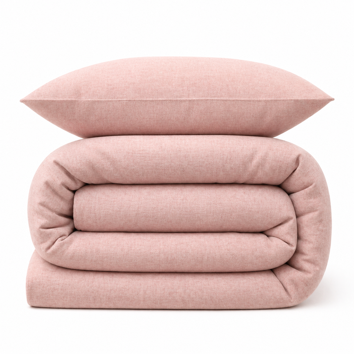 Housse de couette unie rose poudré à l'aspect chiné, pliée avec taie d'oreiller assortie