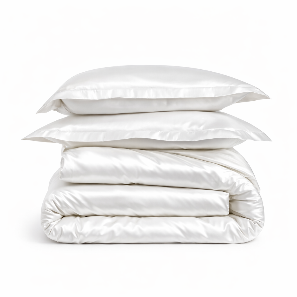 housse de couette satin blanc soigneusement pliée